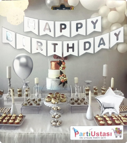 Happy Birthday Beyaz Gümüş Banner